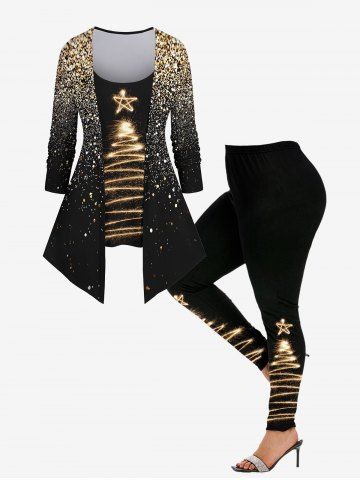 Plus Size Christmas Star Glitter Sparkling Sequin 3D Printed 2 In 1 Tee and Leggings Outfit