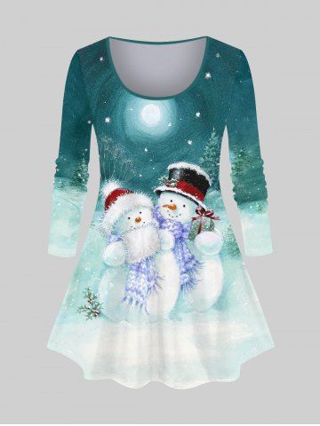 Plus Size Christmas Tree Hat Snowman Snowflake Moon Print T-shirt - DEEP GREEN - S