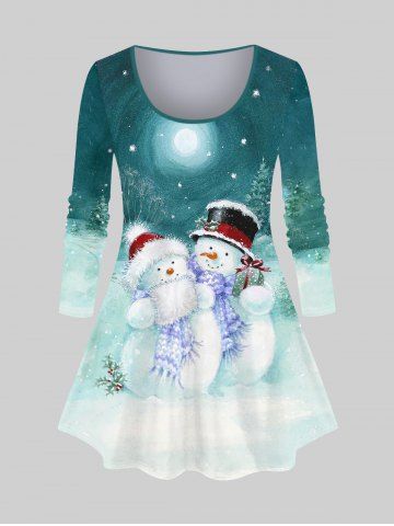 Plus Size Christmas Tree Hat Snowman Snowflake Moon Print T-shirt [48% OFF]