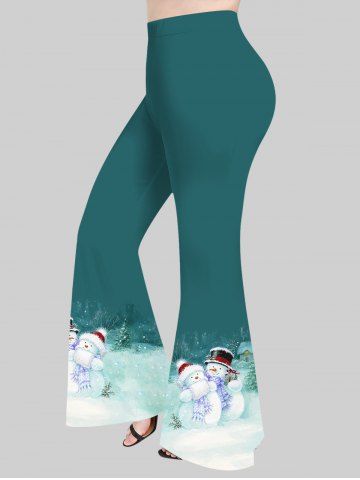 Plus Size Christmas Tree Hat Snowman Snowflake Print Flare Pants - DEEP GREEN - S