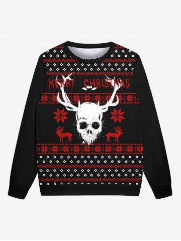 Gothic Christmas Elk Skull Letters Print Sweatshirt For Men - BLACK - 6XL