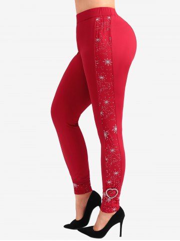 Plus Size Christmas Twist Heart Buckle Star Stamping Glitter Leggings - RED - M | US 10