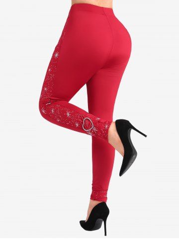 Plus Size Christmas Twist Heart Buckle Star Stamping Glitter Leggings