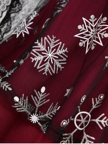 Plus Size Christmas Cinched Snowflake Print Lace Trim Sheer Mesh T-shirt