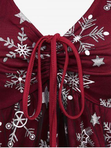 Plus Size Christmas Cinched Snowflake Print Lace Trim Sheer Mesh T-shirt