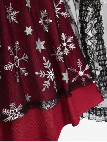 Plus Size Christmas Cinched Snowflake Print Lace Trim Sheer Mesh T-shirt