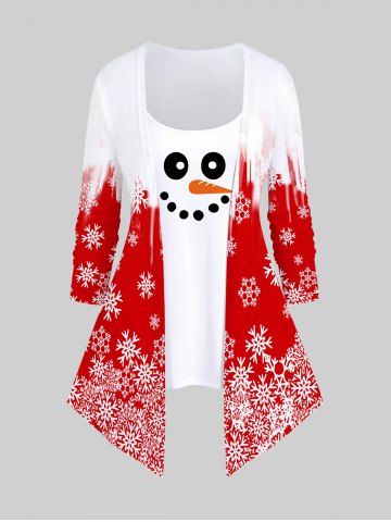 Plus Size Christmas Snowman Snowflake Colorblock Print 2 In 1 Tee - RED - 6X