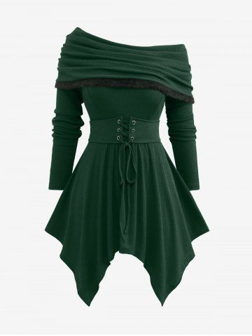 Plus Size Turndown Collar Ribbed Lace Up Ruched Handkerchief Solid Tee - DEEP GREEN - M | US 10