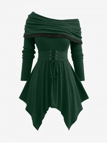 Plus Size Turndown Collar Ribbed Lace Up Ruched Handkerchief Solid Tee - DEEP GREEN - 2X | US 18-20