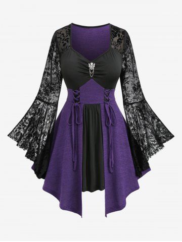 Plus Size Floral Mesh Panel Bell Sleeves Lace Up Ruched Asymmetric Long Sleeves T-shirt - PURPLE - M | US 10