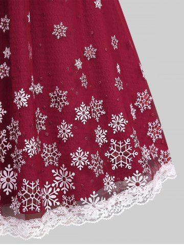 Plus Size Christmas Snowflake Print Lace Trim Lace-up Ruched Hoodie Dress