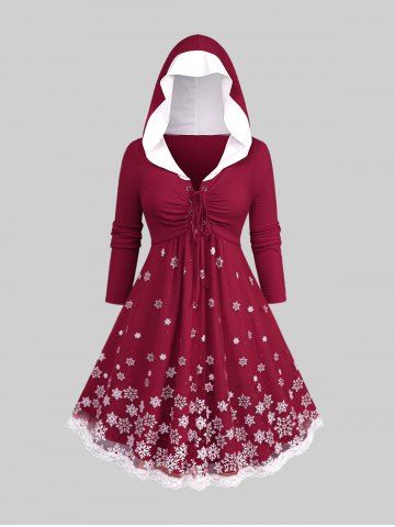Plus Size Christmas Snowflake Print Lace Trim Lace-up Ruched Hoodie Dress