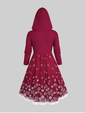 Plus Size Christmas Snowflake Print Lace Trim Lace-up Ruched Hoodie Dress