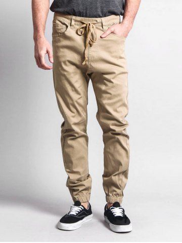 Men's Daily Casual Solid Color Slant Pockets Drawstring Beam Feet Pants - LIGHT COFFEE - S