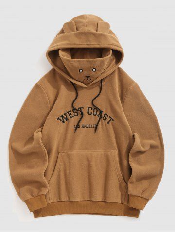 Men's WEST COAST LOS ANGELES Letter Embroidered Fuzzy Polar Fleece Kangaroo Pocket Pullover Mask Hoodie