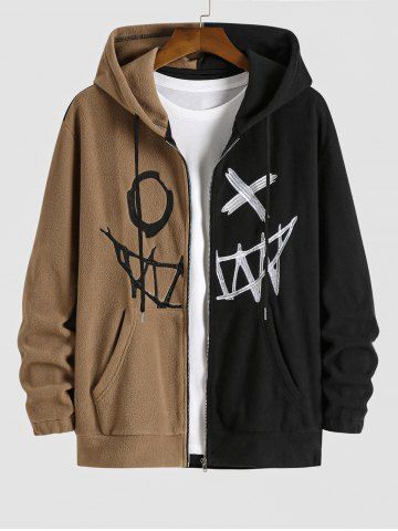 Two Tone Colorblock Smile Face Embroidery Halloween Polar Fleece Hoodie Jacket - COFFEE - S