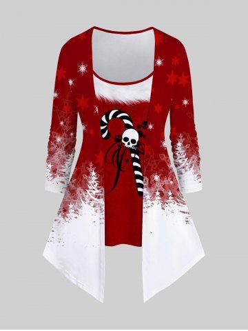 Plus Size Christmas Tree Snowflake Candy Cane Skull Star Print Asymmetric 2 in 1 T-shirt - RED - XS