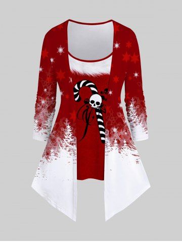 Plus Size Christmas Tree Snowflake Candy Cane Skull Star Print Asymmetric 2 in 1 T-shirt - RED - 2X