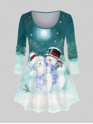 Plus Size Christmas Tree Hat Snowman Snowflake Moon Print T-shirt -  