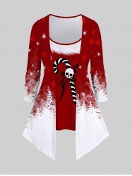 Plus Size Christmas Tree Snowflake Candy Cane Skull Star Print Asymmetric 2 in 1 T-shirt -  