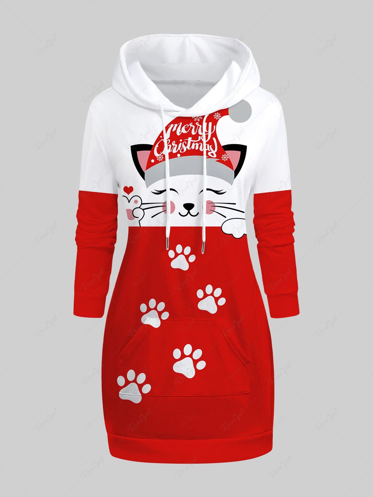 Affordable Plus Size Cat Paw Christmas Hat Print Kangaroo Pocket Drawstring Hoodie Dress  