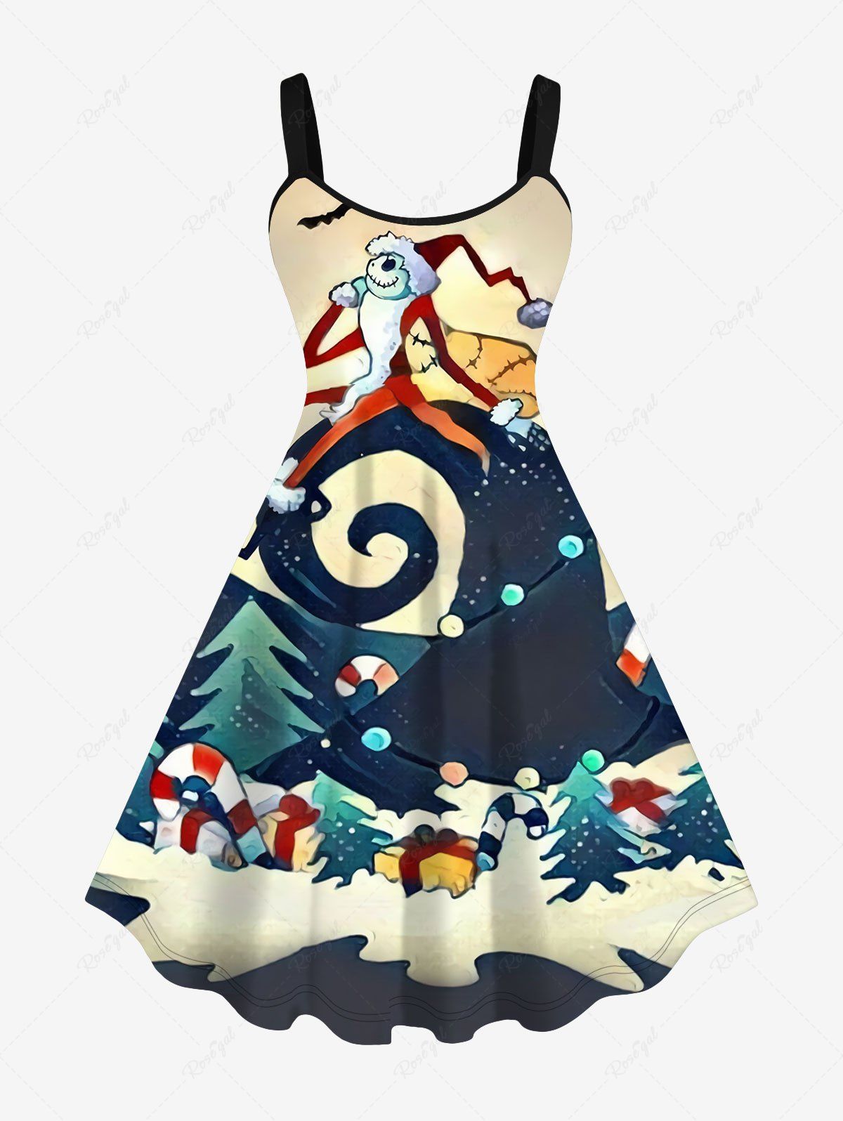 Affordable Plus Size Santa Claus Tree Galaxy Candy Spiral Gift Print Christmas Tank Dress  
