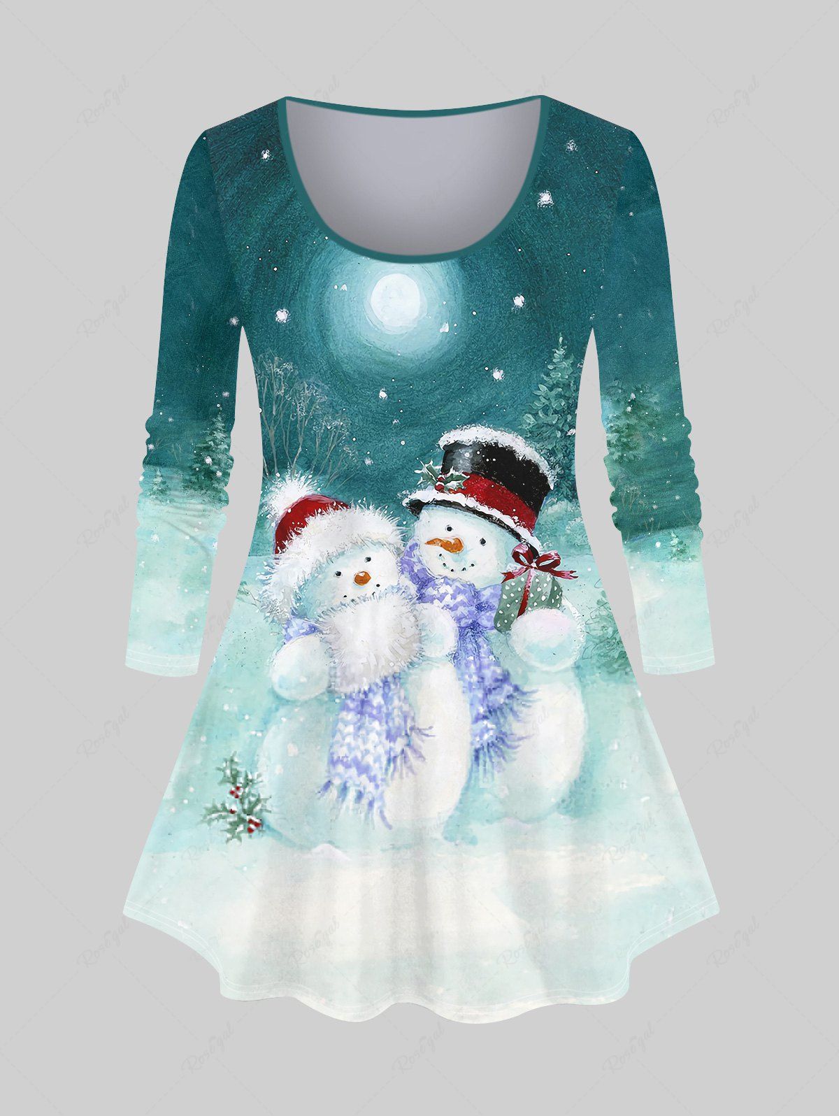 Best Plus Size Christmas Tree Hat Snowman Snowflake Moon Print T-shirt  