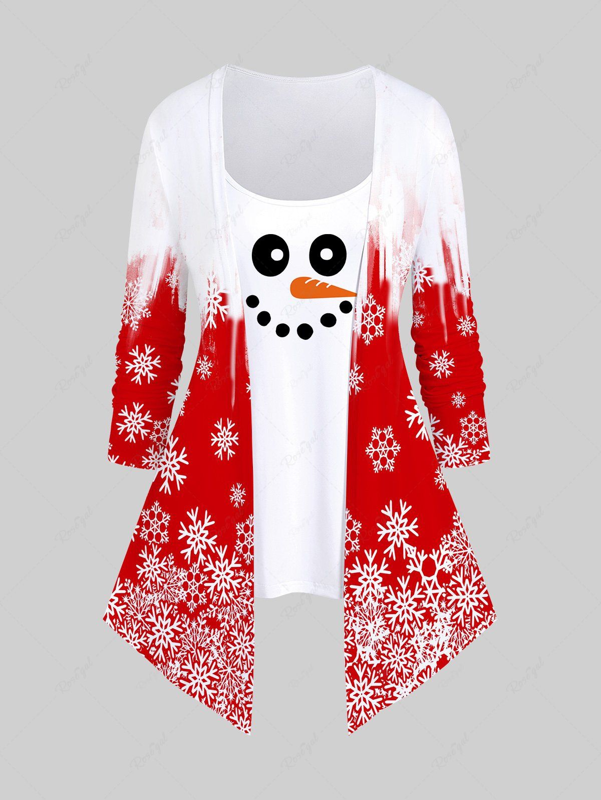Fancy Plus Size Christmas Snowman Snowflake Colorblock Print 2 In 1 Tee  