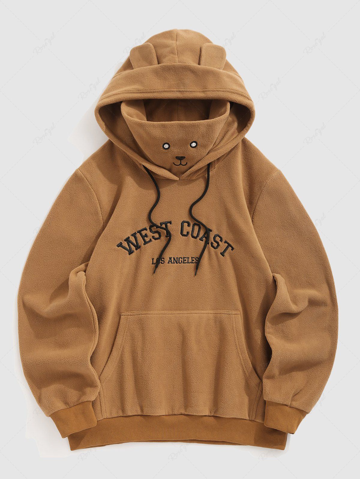 Trendy Men's WEST COAST LOS ANGELES Letter Embroidered Fuzzy Polar Fleece Kangaroo Pocket Pullover Mask Hoodie  