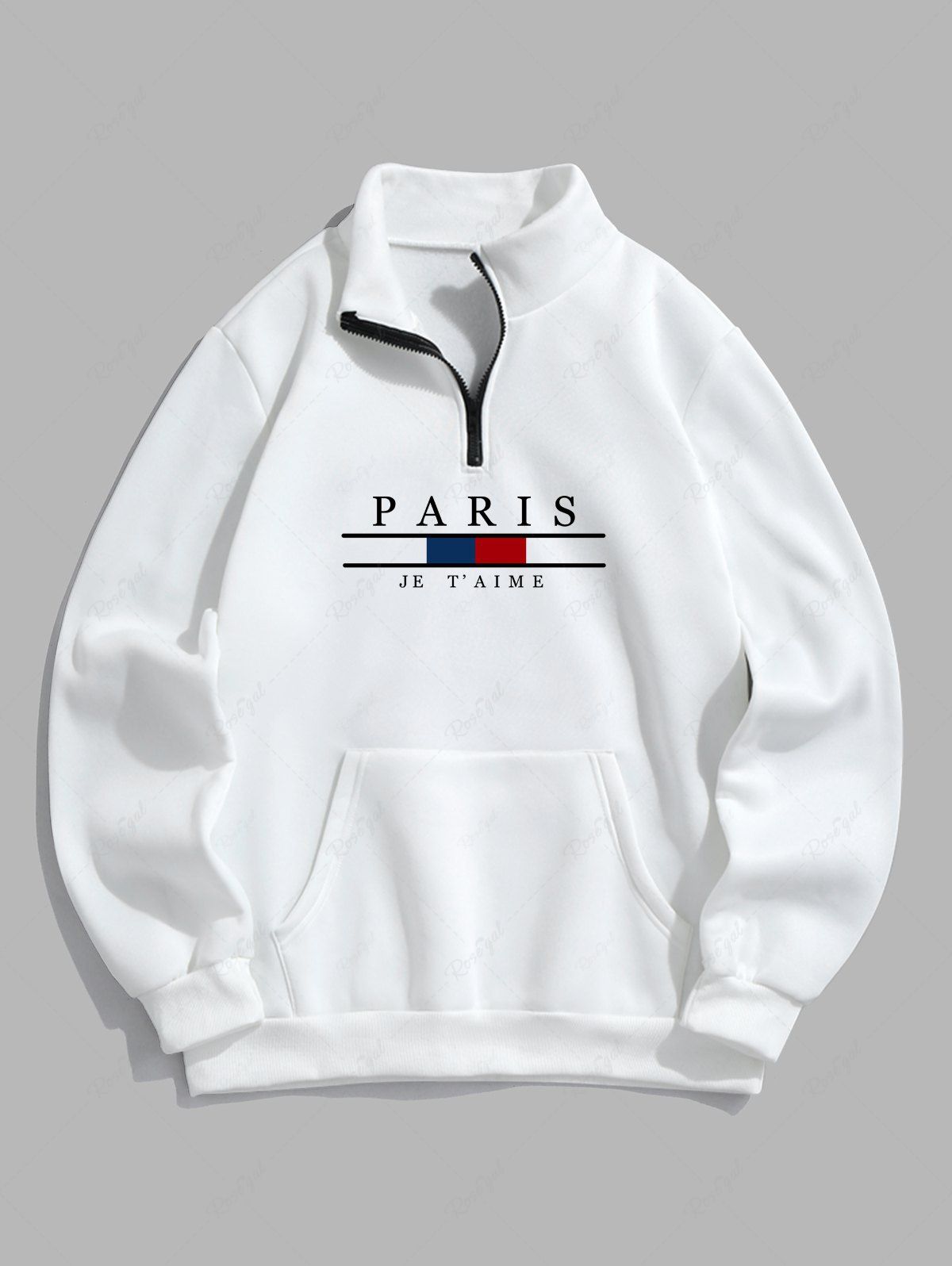 Store Men's PARIS Letter Kangaroo Pocket Quarter Zip Fleece-lined Stand Collar Pullover Sweatshirt  