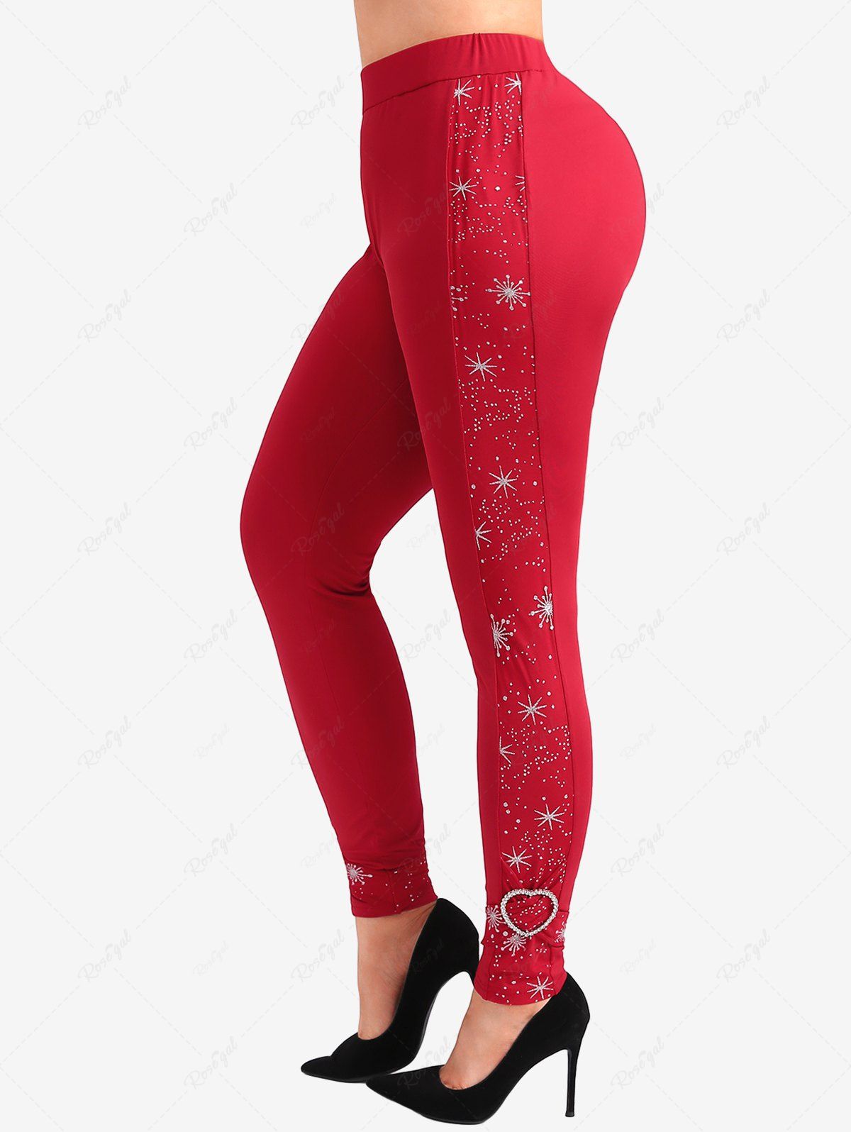 Fashion Plus Size Christmas Twist Heart Buckle Star Stamping Glitter Leggings  