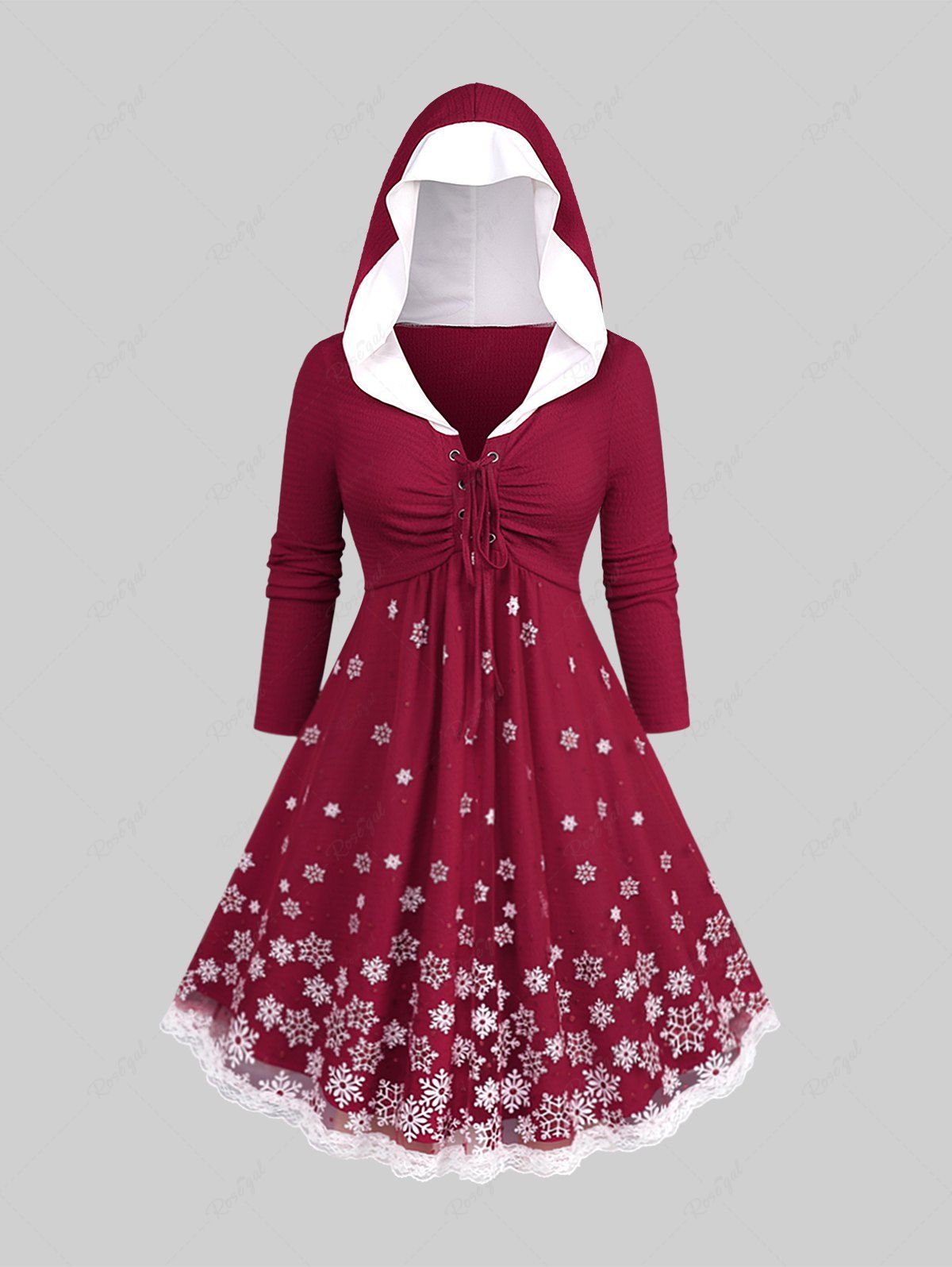 New Plus Size Christmas Snowflake Print Lace Trim Lace-up Ruched Hoodie Dress  