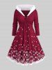 Plus Size Christmas Snowflake Print Lace Trim Lace-up Ruched Hoodie Dress -  