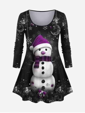Plus Size 3D Snowman Snowflake Moon Gift Box Galaxy Print Christmas T-shirt - BLACK - L