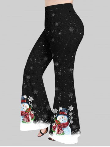 Plus Size Snowman Snowflake Galaxy Print Christmas Flare Pants - BLACK - L