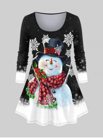 T-shirt Imprimé Bonhomme de Neige et Galaxie 3D de Noël Grande Taille - BLACK - S