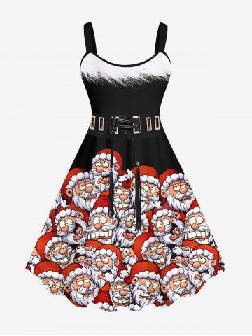 Plus Size 3D Santa Claus Grommet Lace Up Tassel Fur Print Christmas Tank Dress - RED - S