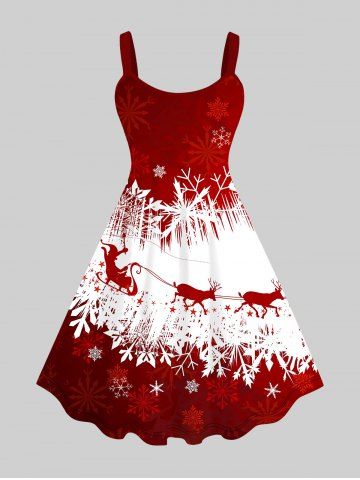 Plus Size Elk Snowflake Star Print Christmas Ombre Tank Dress - RED - S