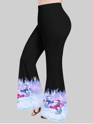 Plus Size 3D Glitter Snowflake Snowman Heart Print Christmas Flare Pants - BLACK - S