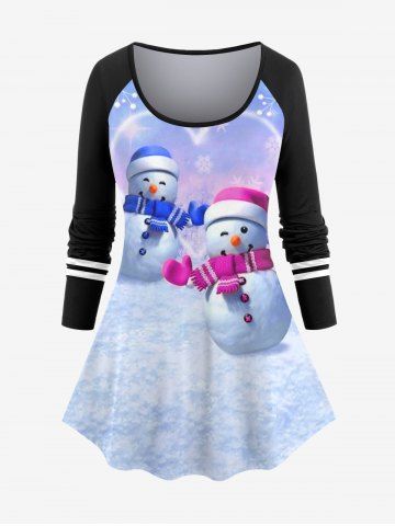 Plus Size 3D Glitter Snowflake Snowman Print Striped Raglan Sleeves Christmas T-shirt - MULTI-A - S