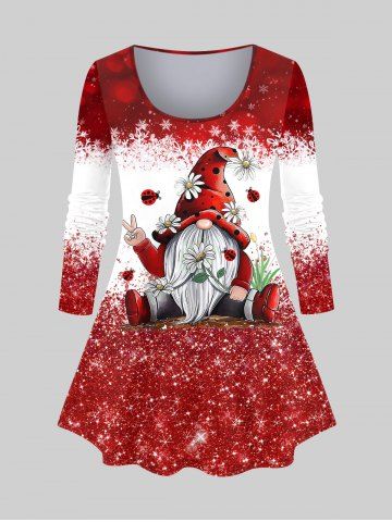 T-shirt Père Noël Flocon de Neige et Fleur Imprimés de Grande Taille avec Paillette - RED - 5X