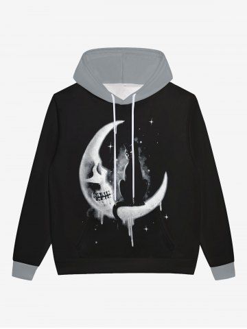Gothic Skull Moon Star Galaxy Print Halloween Pocket Drawstring Fleece Lining Hoodie For Men - BLACK - XL