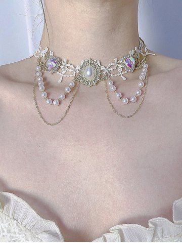 Faux Pearl Tassel Heart Shaped Gem Lace Choker Necklace