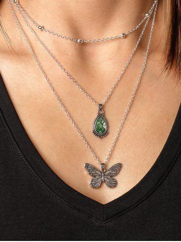 Water Drop Butterfly Shaped Layered Zircon Pendant Necklace - SILVER