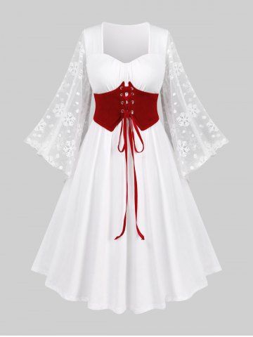 Plus Size Snowflake Polka Dot Mesh Lace Flare Sleeves Ruched Lace Up Velvet Corset A Line Dress - WHITE - L | US 12
