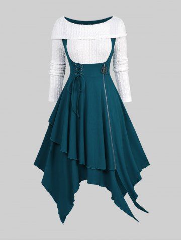 Plus Size Lace Up Zipper Two Tone Handkerchief Textured Dress - DEEP GREEN - 2X | US 18-20