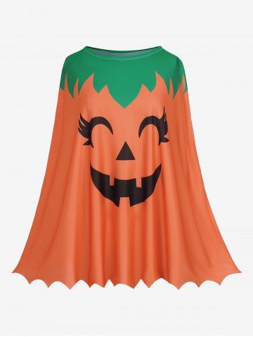 Halloween Costume Pumpkin Smile Poncho Shawl Colorblock Printed Handkerchief Cape - ORANGE - ONE SIZE