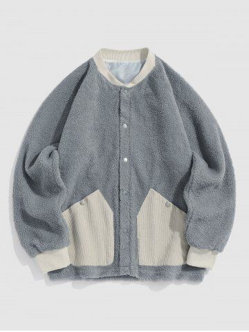 Corduroy Pocket Spliced Fluffy Teddy Jacket - DARK GRAY - M