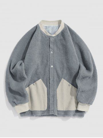 Corduroy Pocket Spliced Fluffy Teddy Jacket - DARK GRAY - XL