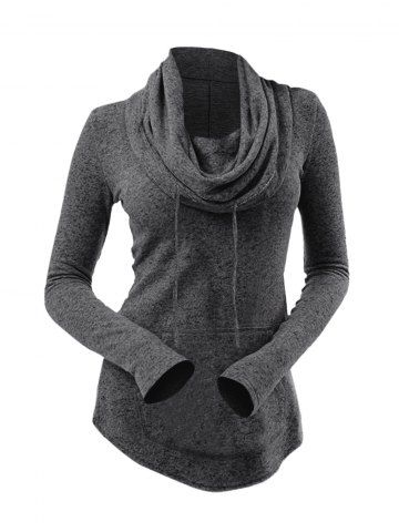 Cowl Neck Drawstring Curved Hem Front Pocket Knit Top - DARK GRAY - S